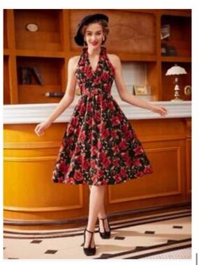 SHEIN Black Halter Midi Dress with Red Rose Print